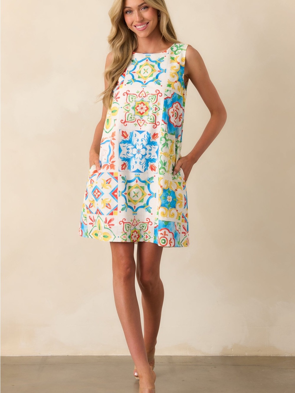 Prosperina Catania Blue Multi Sicilian Tile Print Linen Shift Mini Dress.